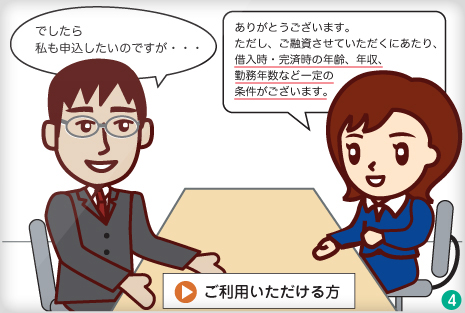 ご融資させていただくにあたり、借入時・完済時の年齢、年収、勤務年数など一定の条件がございます。